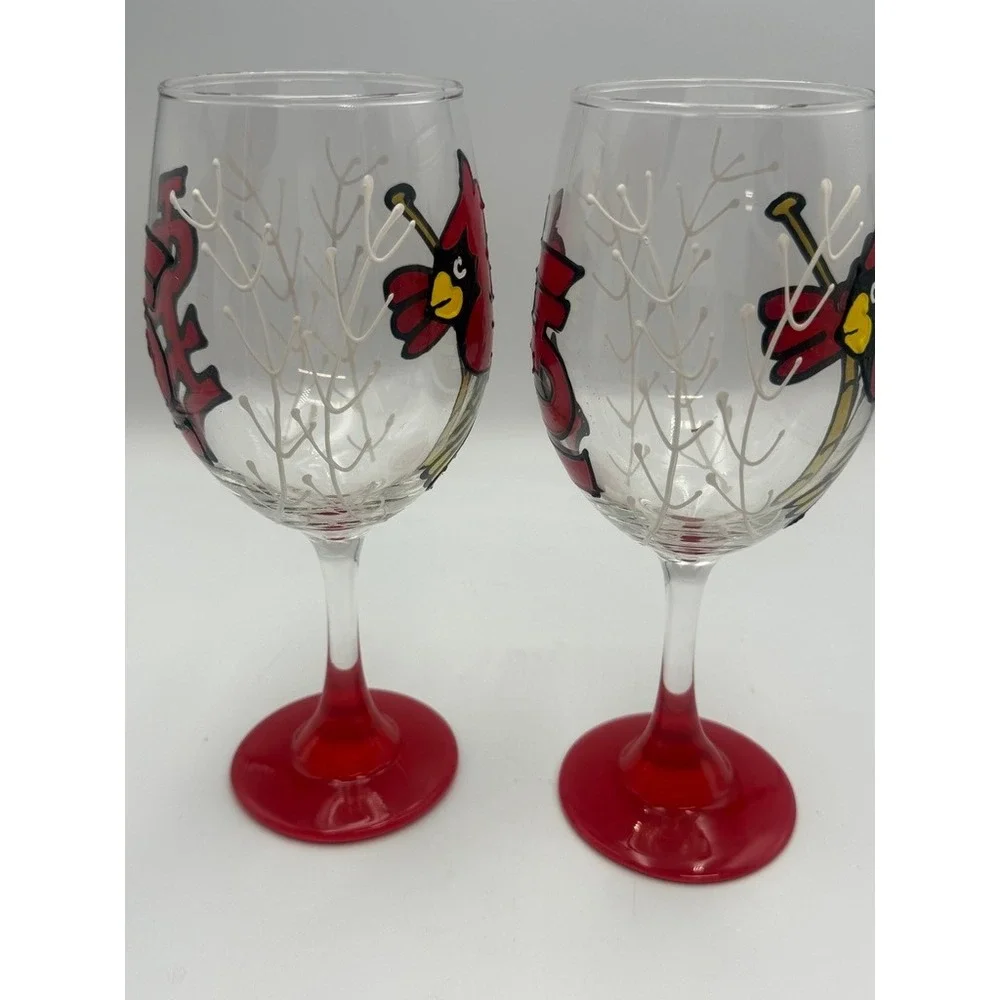 St. Louis Cardinals‎ Wine Glasses Set of 2 Hand Painted MLB Baseball Red Stem
